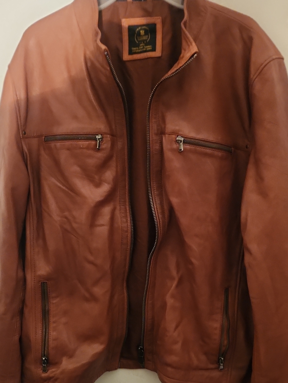 Men's Tan Leather Bomber Jacket with Zip Pockets